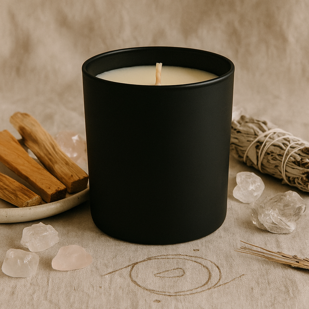 Luxury affirmation candle with sandalwood and amber scent, soy coconut wax blend, grounding and spiritual growth.