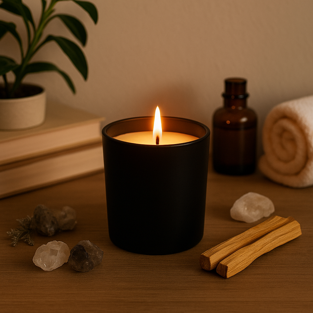 Rooted Glow sandalwood and amber affirmation candle in matte black jar, soy and coconut wax blend, 36-hour burn.