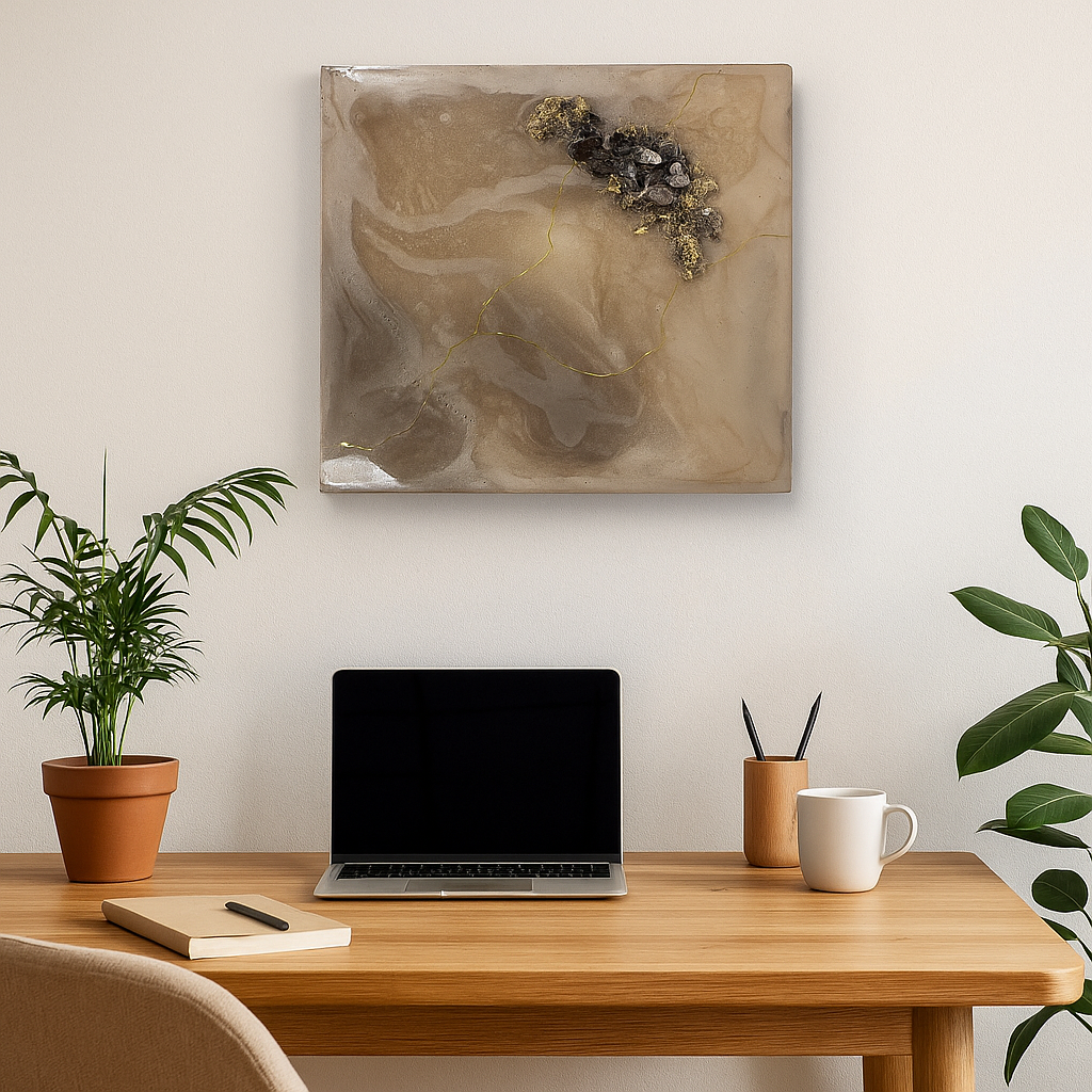 Abstract artwork with smokey quartz, clear quartz and 9ct gold vein, 30cm canvas.