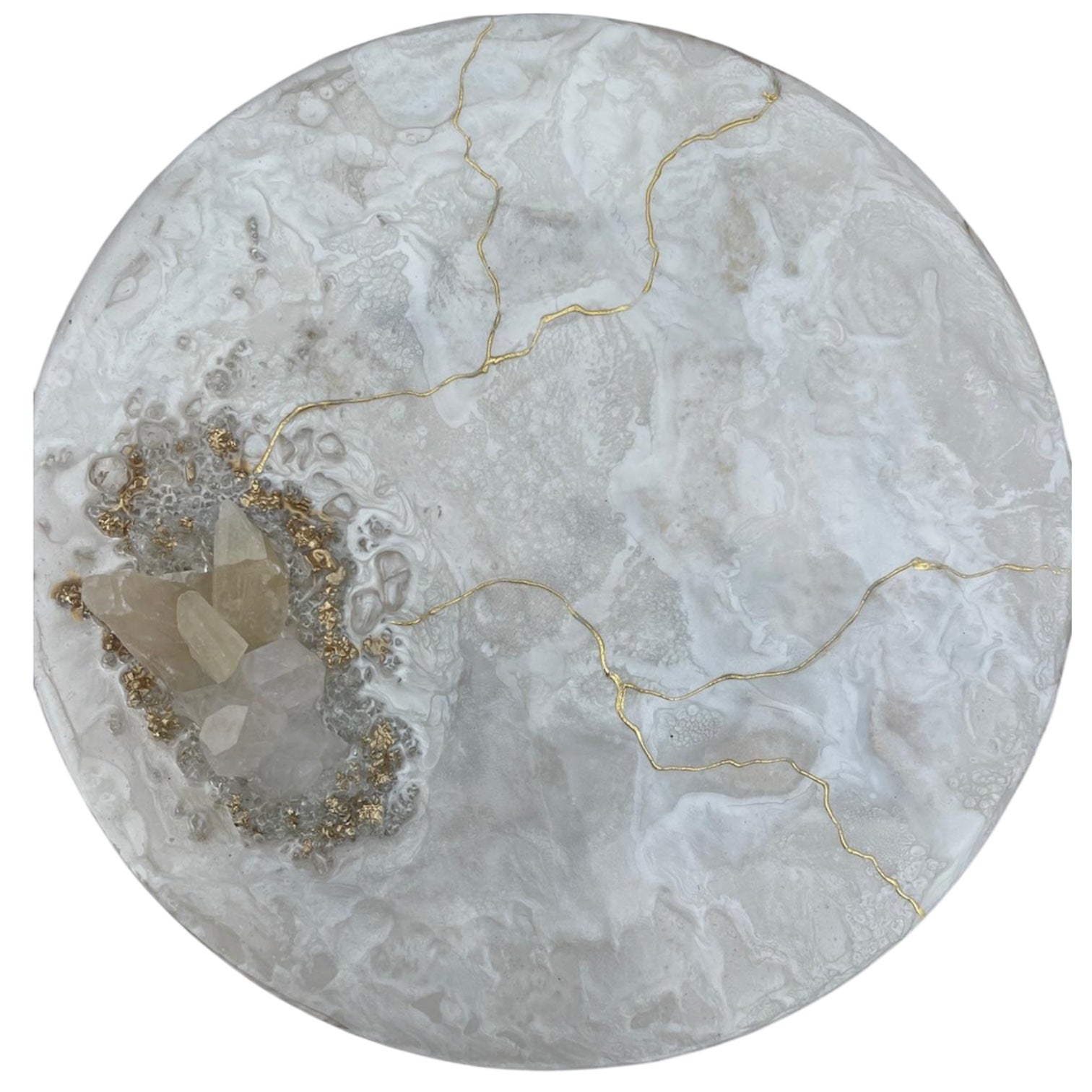 Neutral-toned circular resin artwork with embedded crystals and gold detailing, designed for calm and balance