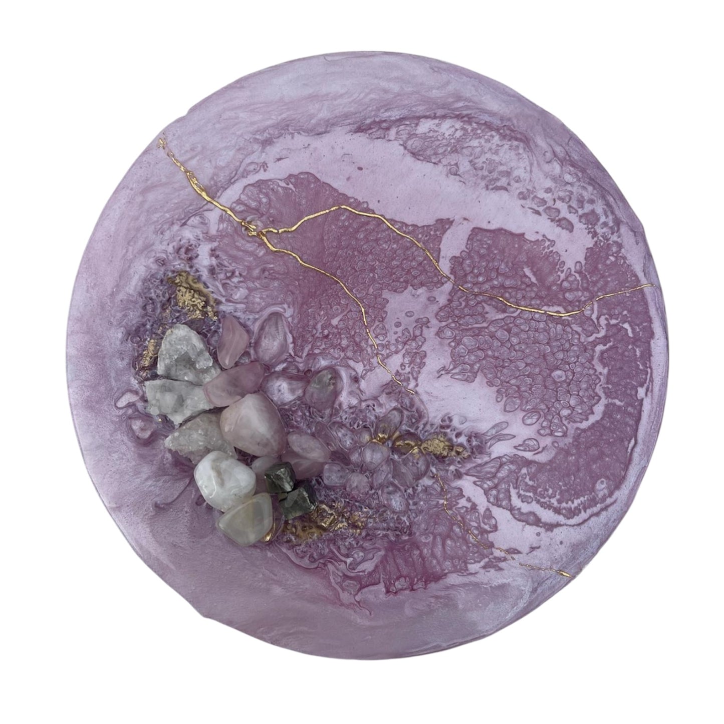 Feminine crystal wall art with rose quartz, moonstone and clear quartz set in resin