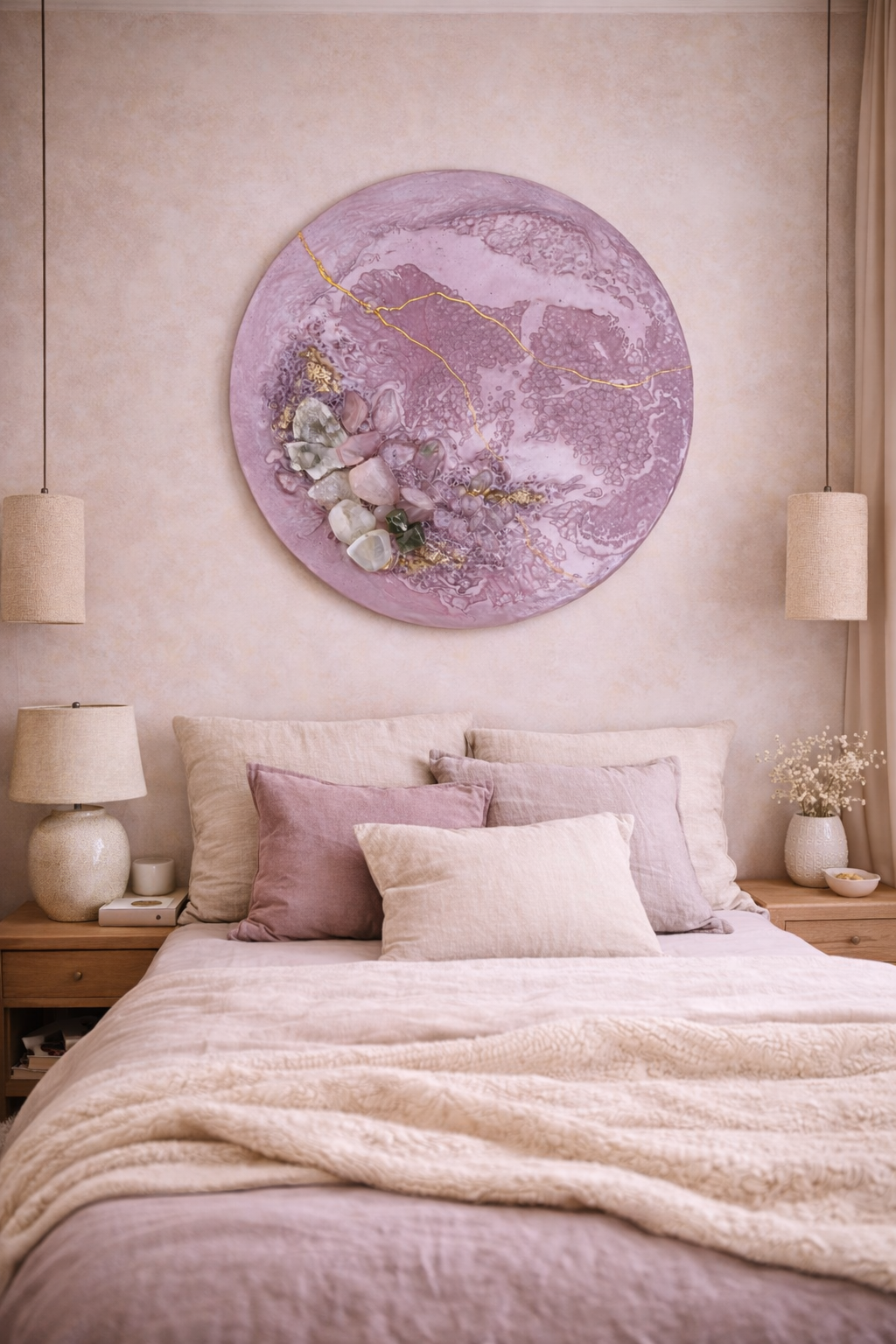 Spiritual crystal artwork with soft purple resin, embedded healing stones and delicate gold accents