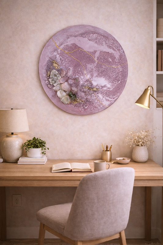 Handcrafted circular resin artwork with rose quartz, moonstone, clear quartz and pyrite in soft mauve tones with gold veining