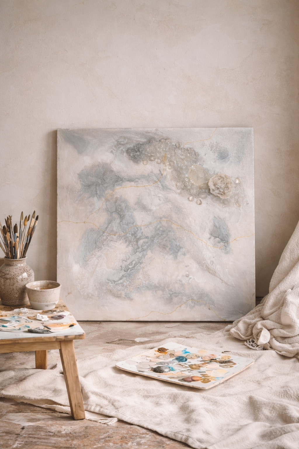 Handcrafted grey and white resin wall art with clear quartz crystals, natural geode, and delicate 9ct gold veins on a square canvas