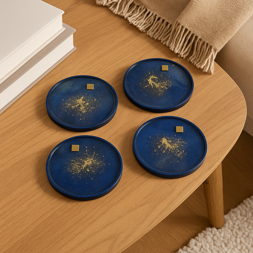 Luxury resin coaster with gold and pyrite inlay, navy colour, handmade by By Becca.