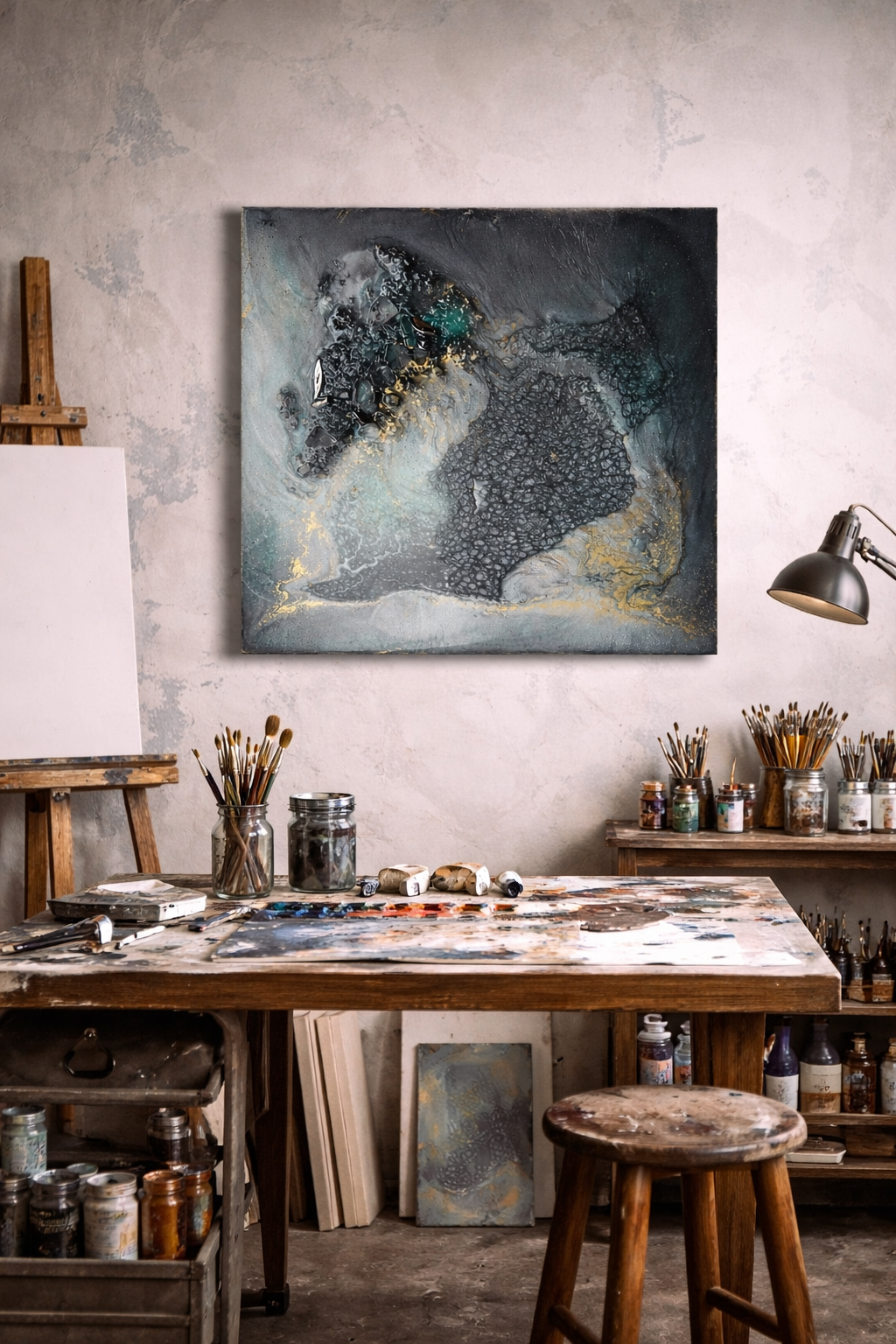 Crystal-infused abstract artwork with clear quartz and hematite, designed for calming and protective home decor