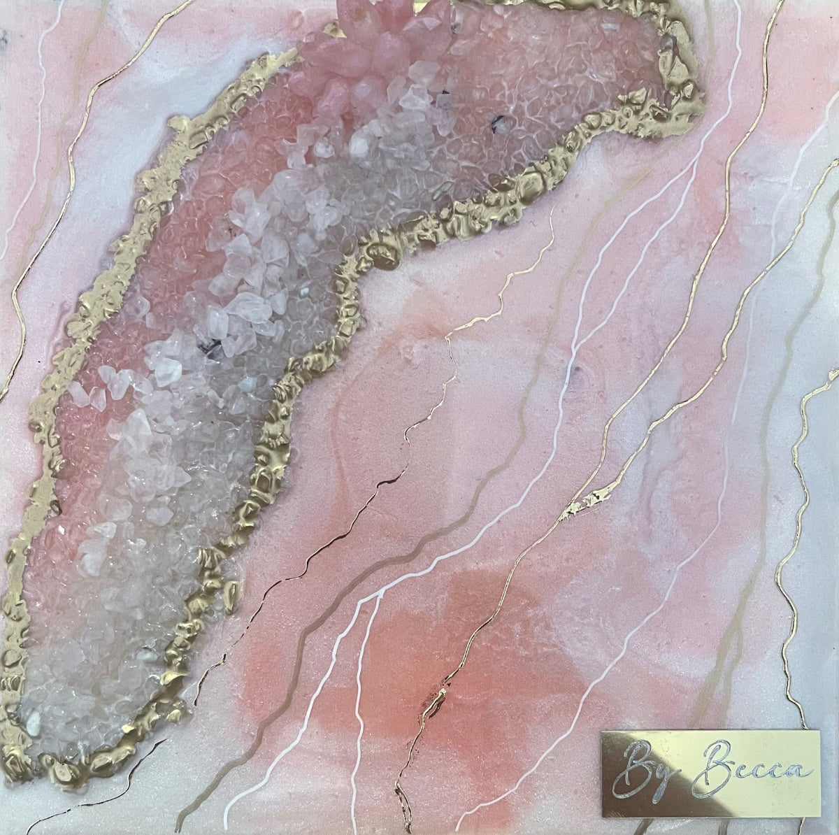 Rose quartz geode resin artwork with clear quartz crystals and gold foil detail.