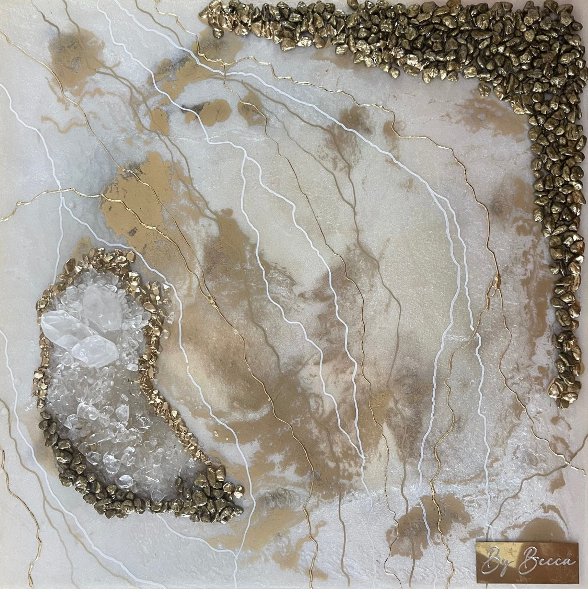 Clear quartz crystal artwork on wooden canvas, modern wall art with healing properties.